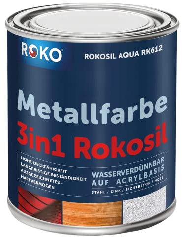 Metallfarbe ROKOSIL - 3,6 Kg in Grau - Seidenmatt - 3in1 Metallschutzlack inkl. Grundierung, Rostschutz & Deckfarbe