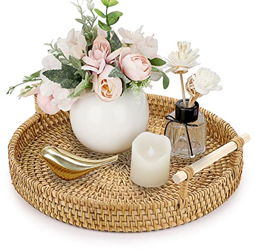 IGNPION Bandeja redonda tejida de ratán de 24,5 cm, bandeja de almacenamiento decorativa con asa, bandeja organizadora de escritorio para arco, bebida, desayuno, té, vela