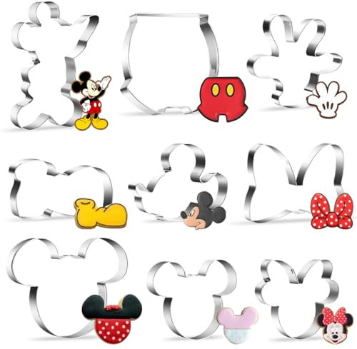 9 piezas cortadores de galletas Mickey Mouse, cabeza de Minnie Mouse, cortadores de galletas de acero inoxidable, juego de cortadores de galletas para fondant, forma de animal, pajarita, cortador de