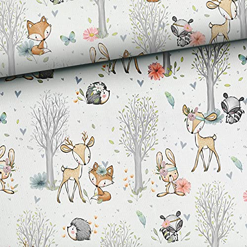 Keine Meterware, Stoffe zum Nähen, Stoff für Kinder, 100% Baumwolle: 0,5m Premium Baumwollstoff mit Waldtiere - Reh Fuchs Igel - Mädchen Baby Kinderstoff - Waldfreunde Girls