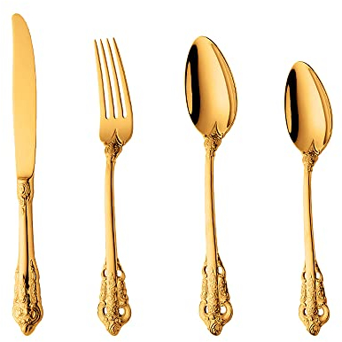 Hochwertiges Besteckset aus Edelstahl 18/10, 4-teilig, mit Messer, Gabel, Löffel, Teelöffel, antiker königlicher Stil, spülmaschinengeeignet