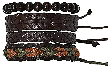 IBOWZ Herren Armband Schnur für Armbänder,Armbänder für Männer,4-teiliges geflochtenes Leder,Steampunk-Schmuck,Armbänder für Männer,Frauen,Vsco-Armbänder,gewebte Manschette,Wickelarmband,Holzperle