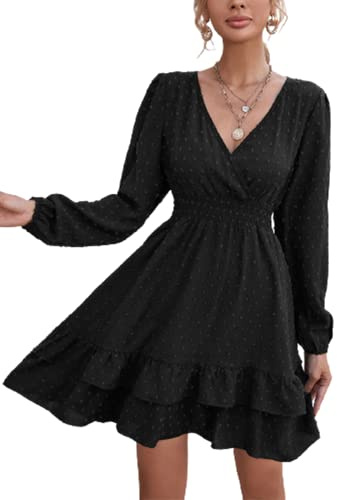 MAFA Vestiti Casual da Donna Estivi Autunno Elegante a Pois Abito a Maniche Lunghe Vestito Scollo V Abiti Corto con Volant e Vita Alta Nero XL