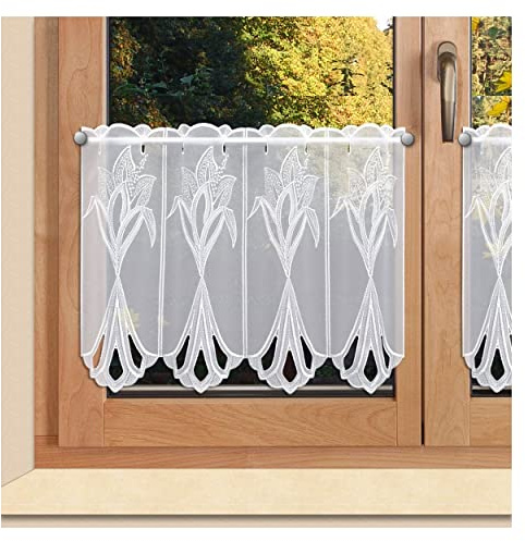 Bestickte Scheibengardine Lilie Liliana aus Vogtländischer Spitze - Moderner Kurzstore Ornament-Stickerei weiß | Hochwertiger Scheibenhänger Blumen-Motiv | Panneaux Blüte Höhe x Breite 40 x 80 cm