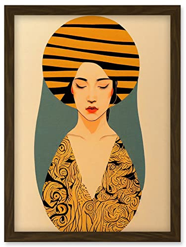 Wee Blue Coo Retro Woman Mid Century Bohemian Yellow Art Nouveau Artwork Framed Wall Art Print A4