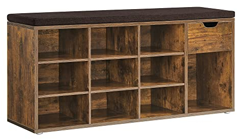 VASAGLE Shoe Storage Bench, Hallway Bench with Cushion, Drawer and Open Compartments, Shoe Bench with Seat, for Living Room, Bedroom, Closet, Rustic Brown and Bronze LHS024T01