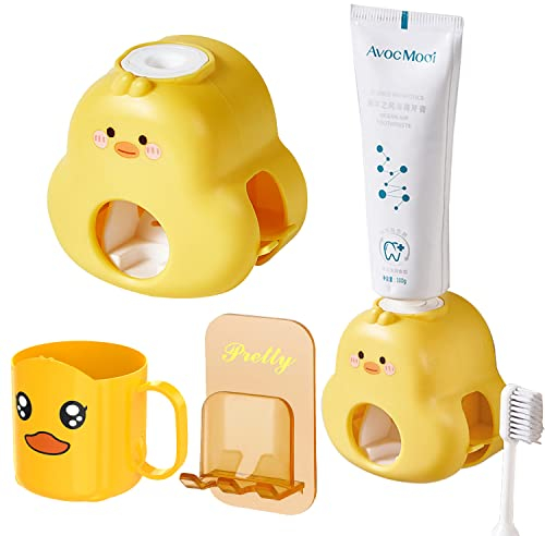 Zahnpastaspender Kinder Ohne Bohren Sonwaha Toothpaste Dispenser Kids,Zahnpasta Spender Automat Kinder mit Tasse Zahnbürstenhalter Kinder Kleine Gelbe Ente
