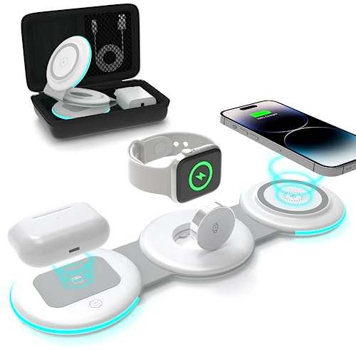 ADADPU 3 in 1 Faltbar Magsafe Ladegerät, Induktive Ladestation für iPhone 15/14/13/12/Pro/Max, Wireless Charger für iWatch 9/8/7/6/SE/5/4/3/2, AirPods Pro/2/3(mit Adapter)