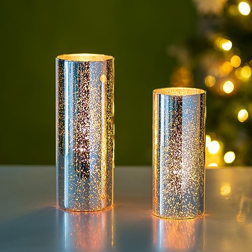 Glasseam Kerzenhalter Stumpenkerzen, 2er Set Glaszylinder mit Boden, Crackle Kerzengläser Groß, Chic Windlicht Weihnachten für Esstisch Dekoration, Kerzenständer Silber Vasen Deko für Home Tischdeko