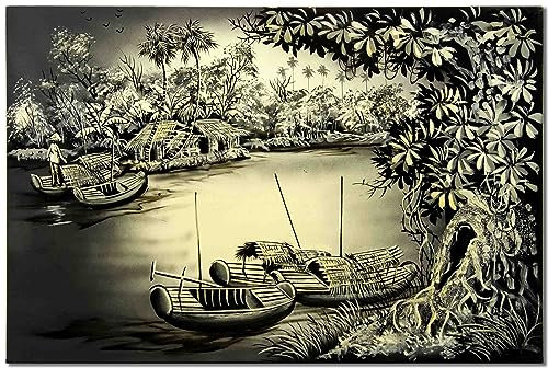 Art Saigon Tableau en Bois Laqué Peint, La Campagne du Vietnam, Fait Main, L45xH30cm - Peinture, Panneau Mural de Décoration, Style Asiatique - Artisanat du Vietnam (S52-7886)