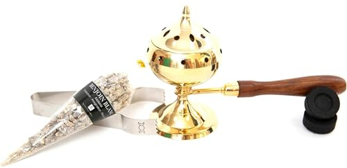 Coffret encensoir Bronze avec poignée en Bois + 10 charbons + 1 Pince + 1 Lot de résine encens Benjoin Blanc Purification Protection Bonheur - Cadeau esoterique…
