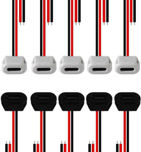 RUNCCI-YUN 10Pcs USB-C buchse 2-Draht einbau Typ-C-Buchse,USB Pigtail Kabel USB einbaubuchse,USB-C-Buchse für Panelmontage 3A Schnelllade-Typ-C-Buchse mit Schnappnut Schnalle,Schwarz und weiß