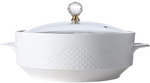Zuppiera in Ceramica Bianca Pura con Coperchio in Vetro, Ciotola per Zuppa in Casseruola in Porcellana con Doppi Manici per Cucina Domestica del Ristorante, [Classe di efficienza energetica