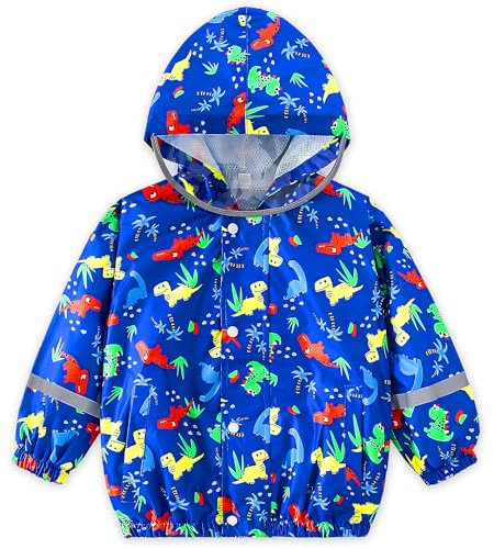 Baogaier Manteaux Garçon à Capuch, Légers Impermeable Softshell Coupe Vent Veste Cartoon Bleu Dinosaures Doublure en Maille Outwear, Respirant Blousons Enfant Bébé Sport Vêtement 1-2 Ans