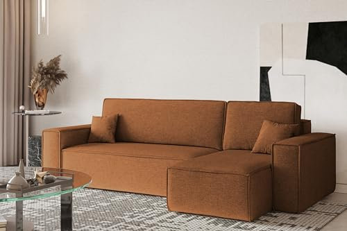 Kaiser Möbel, Ecksofa mit schlaffunktion, mit Bettkasten, Schlafsofa Best, Designer L-Form Sofa, Modern Design Couch, Polsterecke, Freistehend, Stoff Neve Kupfer Rechts