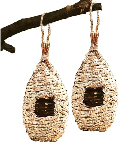 2 Stück Kolibri-Nest aus Gras, gewebtes Kolibri-Haus, tropfenförmiges Vogelhaus, hängendes Vogelhaus für Gartenfenster im Freien, Vogelkästen für Gärten, Vogelhäuschen