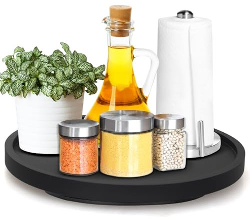 12 Black Wood Lazy Susan Cabinet Turntable Round Bathroom Vanity Organizer Tray Decorative Wooden Lazy Susans for Dining Table Top Kitchen Sink Countertop Large Lazy Susan Rotating Tray Spice Rack