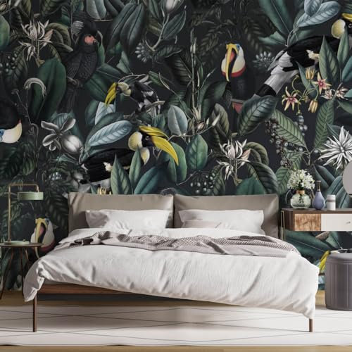 UNIK Nordic Vliestapete XXL, 450x250cm, Designtapete mit tropischen Vögeln, Dunkle Wohntapete mit Tier Motiv, Fototapete für Wohnzimmer, Mustertapete in Premium Qualität, Tapete Made in Germany