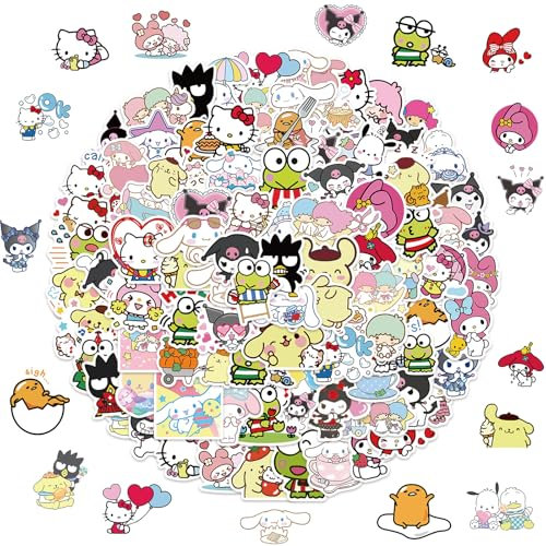 XXMML 100pcs Sanrio Cartoon Stickers for Kids, Kawaii Hello Kitty Melody Kuromi Gift for Teen Girl Laptop Travel Case Phone Bike Water Bottle Guitar Computer Skateboard