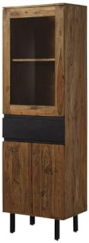 MASSIVMOEBEL24.DE | Vitrine Lichtenberg #105 | Sheesham Massivholz Natur unbehandelt | 60x40x190 cm | Vitrinenschrank mit Blitzmuster | 2 Türen, 1 Schublade | Glas, Schiefer & Metallfüße