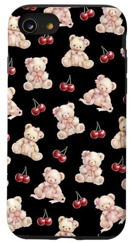 iPhone SE (2020) / 7 / 8 Cute Bear and Cherry, Jet Black Background Case