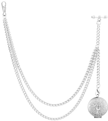 ManChDa Taschenuhr Kette - Kette Taschenuhr für Herren mit Medaillon Anhänger - Taschenuhr und Kette, Vintage Albert T Bar Kette Fob Uhr Curb Link T-Bar Kette 2 Haken | Silber