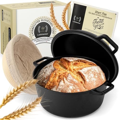 LaibMeister Olla de hierro fundido de 26 cm con tapa, robusta olla de hierro fundido para hornear pan, incluye cesta de fermentación, ideal para accesorios para hornear pan, sartén para pan, molde
