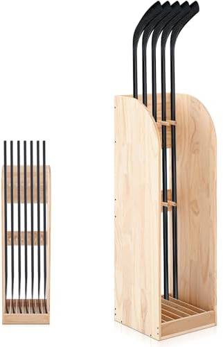 Cinnvoice 38 Inch Vertical Hockey Stick Rack Wooden Hold 7 Hockey Sticks Holder Stand Organizer for Players Display Home Storage