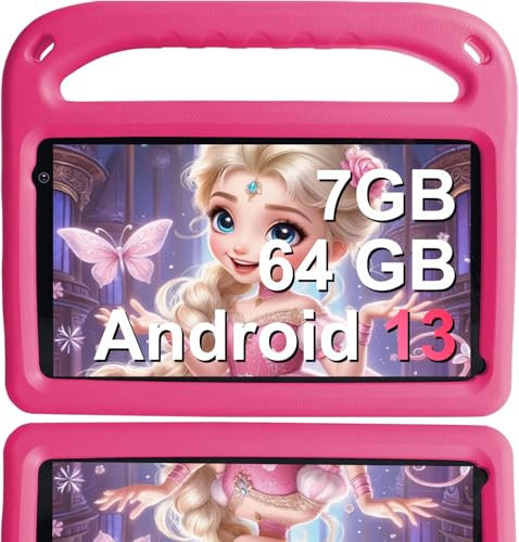 GOODTEL Neuestes Kinder Tablet Android 13 7GB RAM+64 GB ROM, 7 Zoll Tablet für Kinder, WiFi, Bluetooth, GPS, Bildung + Spiele, Play Store, Dual Kamera, Kindersicherung, mit Eva Gehäuse - Rosa