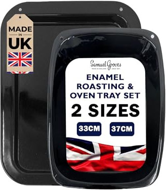 Samuel Groves Vitreous Enamel Roasting Tin Set, 33cm & 37cm, UK Made, Baking Tray Set, Turkey/Chicken Roasting Tray, Roasters