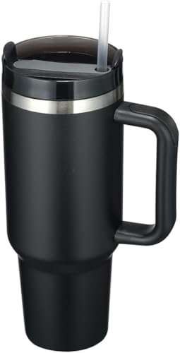 1200ml Mug Isotherme - Tasse Isotherme en acier inoxydable - Thermos Café avec poignée et paille pour boissons chaudes et froides pour la maison,la voiture et les voyages(Noir)