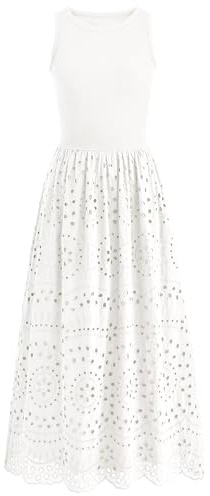 dowerme Women Sleeveless Lace Eyelet Cotton Tank Maxi Dress,White,L
