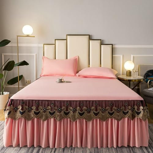 AMDXD 120x200cm Bett Volant Schutzhülle, Spitze Gestickt Bettrock Rüschen mit Kräuseln Textilien Klassische, Baumwolle Betttuch Hellrosa Unterbett als Schutz für Boxspringbett & Topper