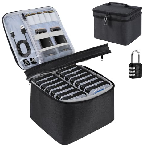 Crisinant Hard Drive Case,14 -Bay Protective Storage Bag for 3.5 HDD, Large Capacity Storage Box with Lock,Portable External Hard Drive Carrying Case,Movable Grid and Shockproof(Bag only)