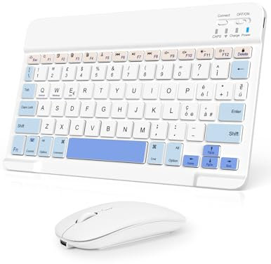SOPPY Tastiera e Mouse Bluetooth Portatili, Mini Tastiera Ricaricabile, Tastiera Wireless per iPad/Samsung Tab/Lenovo Tab/iOS/Android/Windows, Layout Italiano (Bianco e Blu)