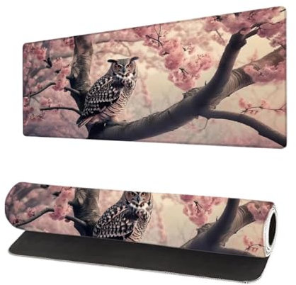 Grand Tapis de Souris XXL 900x400x3mm, Tapis de Souris Gamer Arbre avec Surface en Antidérapant Résistant à l'eau Tapis de Bureau Mouse Pad Hibou, sous Main Souris à Bords Cousus pour Bureau E-7