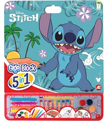 Cefa Toys - Activités Giga Block 5 en 1 Stitch, 25 feuilles de coloriage FSC, 8 peintures à la cire, 5 feutres, 5 aquarelles et feuille d'autocollants amovibles. Convient aux enfants à partir de 3 ans