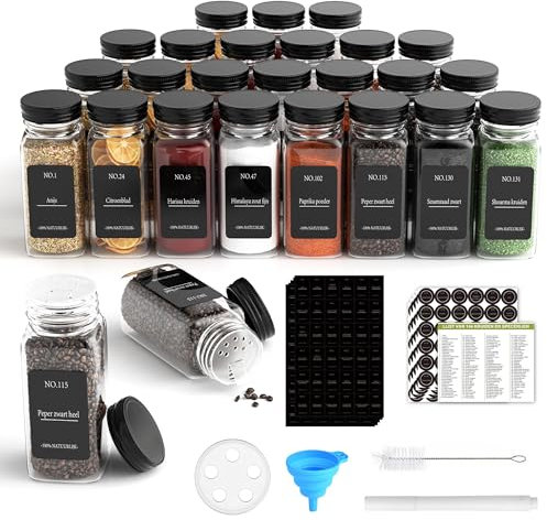 laeeyin Juego de 24 tarros de especias rectangulares con tapa, 120 ml, tarros de especias con etiquetas resistentes al agua, recipiente para especias con embudo con inserto para esparcir, colador