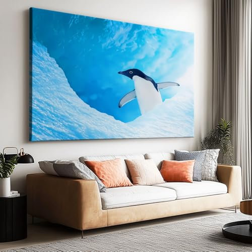 Peinture à l'huile Grotte de Glace avec Manchots Affiche Toile Art Mural Peinture, Tableau sur Toile Scène Naturelle pour Décoration de Salon Décoration d'intérieur 120 x 80 cm (L x l) Sans Cadre