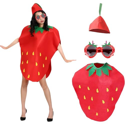 AYNKH Erdbeer-Kostüm-Set für Erwachsene, Hut, Kleid und Brille, lustiges Obst-Cosplay-Outfit mit Kopfbedeckung, perfekt für Fasching, Halloween, Motto-Partys, 3-teilig