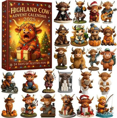 Highland Cow Adventskalender 2025, 3D Highland Cow Figur Adventskalender 2025, 24 Tage Weihnachten Countdown Kalender mit 24 einzigartig thematischen HighlandCow Ornamenten für