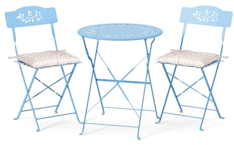 Bonnlo 3-Piece Folding Bistro Set with Seat Cushions & Olive Pattern | Outdoor Patio Table and Chairs, Garden Furniture for Yard Balcony, Waterproof, 60x60x71cm, Light Blue