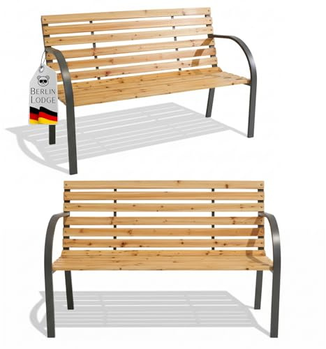 Berlinlodge Gartenbank Santorini Holz & Metall 2-Sitzer, wetterfest, rustikal & massiv, 82 x 120 x 58 cm, Natur, Balkonbank, Holzbank, Wintergarten Gartenmöbel, Sitzbank, Garten Balkon & Terrasse
