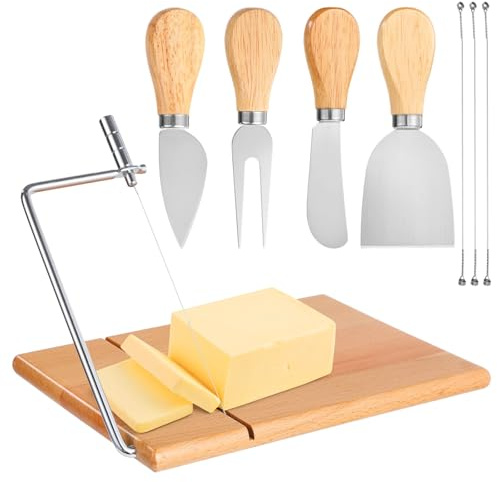 wkao Cheese Slicer Set with 4 Cheese Knives, Acacia Wood Cheese Cutter with Adjustable Wire Tension, 3 Quick Change Replacement Wires, for Mozzarella Swiss Parmesan and Butter
