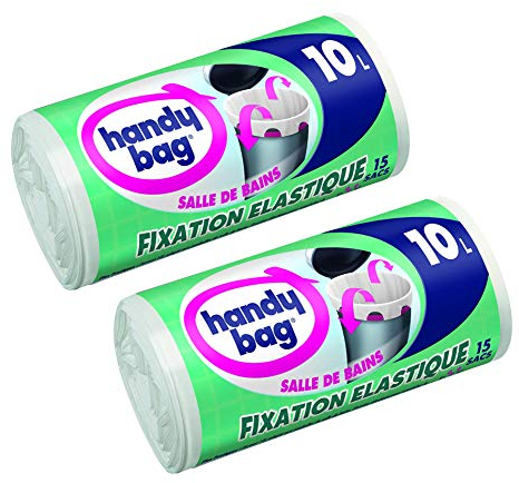 Handy Bag 2 Rouleaux de 15 Sacs Poubelle 10 L, Pour Salle de Bains, Fixation Élastique, Résistant, Anti-Fuites, 40 x 40 cm, Blanc