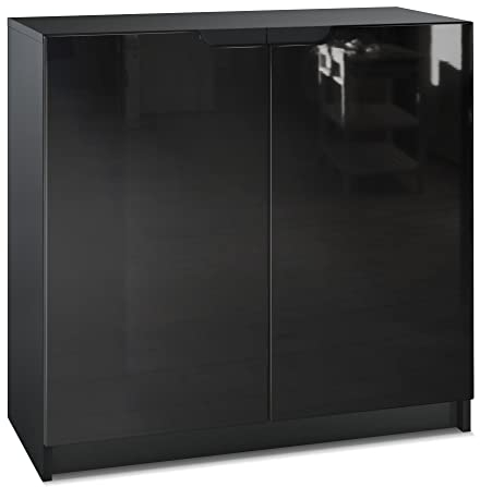 Vladon Sideboard Logan, Made in Germany, Kommode mit 2 Türen, Schwarz matt/Schwarz Hochglanz (82 x 78 x 37 cm)