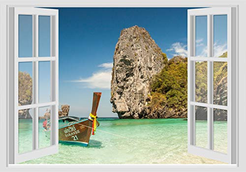 Adesivi Murali Finestra - Paesaggi Vari Mare e Oceano - WALL STICKERS 3D parete muro (70x100 cm, Mare Barca N012)