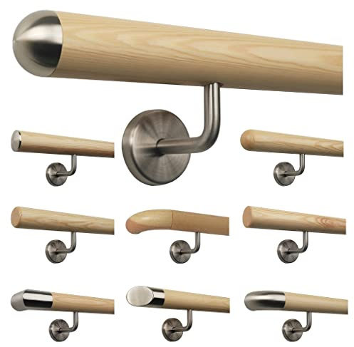 TIBU Kiefer Handlauf Treppen Geländer Handläufer 30-500 cm aus einem Stück mit Edelstahl Halter, Länge 240 cm mit 4 Halter und Ende Halbrunde Edelstahlkappe