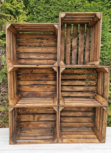 PYXIDAS Set of 6 Wooden Storage Crates 50x40x30 cm Dark Burnt Vintage Decor