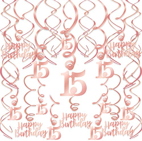 HOWAF Rose Gold 15. Geburtstag Deko für Mädchen, Hängedeko Rosegold Wirbel Deckenhänger Spiral Girlanden für Dekoration